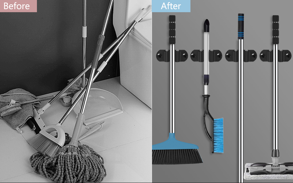 1/4pcs Mop And Broom Holder, Wall Mount Heavy Duty Stainless Steel Wall Mounted Broom Organizer, Laundry Room Home Garden Garage Storage And Organization Rack (Black)