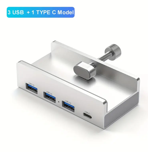 High-Speed 4-Port USB 3.0 Hub with Power Supply for Laptop - Multi-Splitter with Clip-Type Adapter for Fast Data Transmission