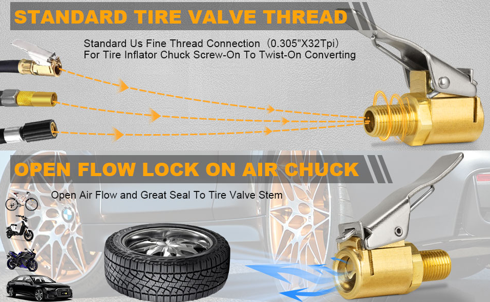 Portable 1/4"" Brass Tire Inflator Lock On Air Chuck with Barb Connector - Easy Hose Repair and Quick Inflation