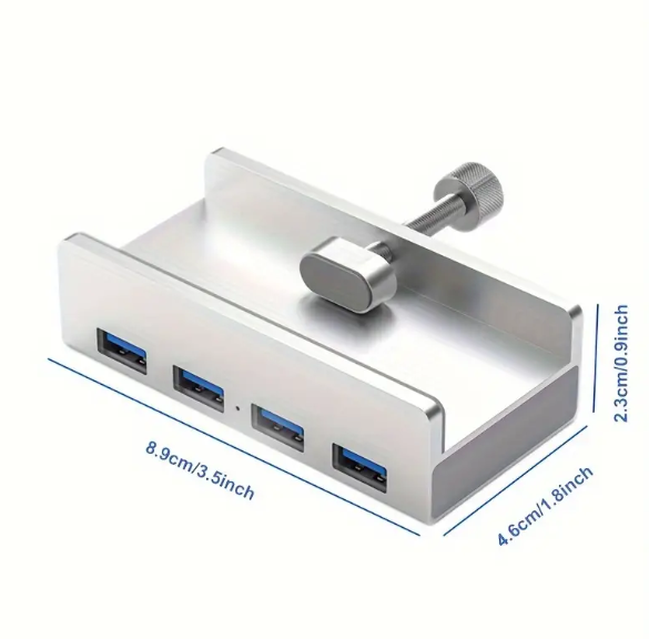 High-Speed 4-Port USB 3.0 Hub with Power Supply for Laptop - Multi-Splitter with Clip-Type Adapter for Fast Data Transmission