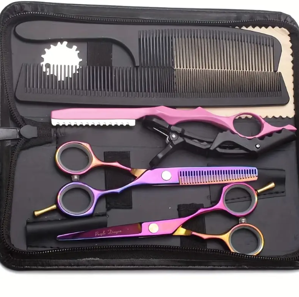 5.5 Inch Purple Hair Cutting Scissors Set With Razor, PU Leather Scissors Case, Barber Hair Cutting Shears Hair Thinning/Texturizing Shears For Professional Hairdresser Or Home Use (Multi-colored)