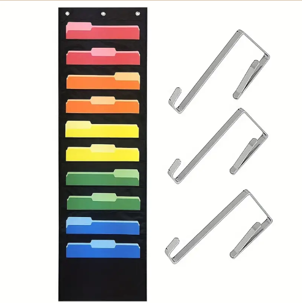 1 pack Heavy Duty Hanging File Organizer with Overdoor Hangers - 10 Pockets for School and Home - Black