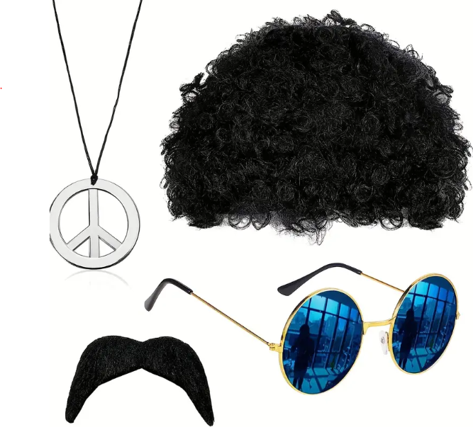 1 Set Retro 70s Punk Hippie Rapper Costume Accessories, Black Short Afro Wig & Round Blue Sunglasses & Black Mustache & Peace Sign Necklace, Halloween Carnival Birthday Cosplay Photo Props, LARP Party Funny Supplies, Stage Performance Accessories