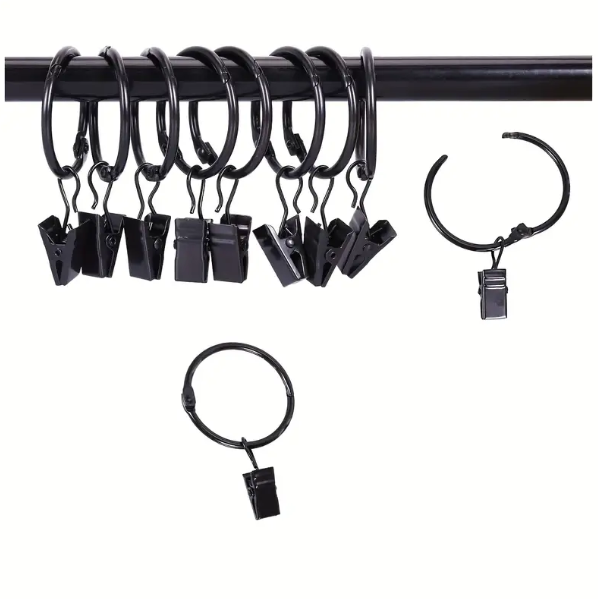 10/20pcs Rustproof Stainless Steel Curtain Rings with Clips and Hooks - Easy Installation and Decorative Hangers for Tension Rod Bracket - Vintage Black Finish