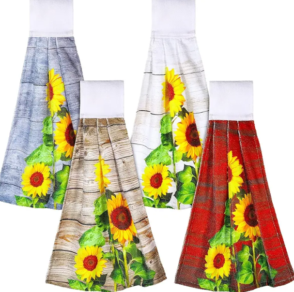 1/2pcs Sunflowers Pattern Hanging Towel For Wiping Hands, Vintage Farmhouse Decoration Fingertip Towel, Absorbent Soft Towel With Loop For Bathroom, Cleaning Dish Towel, Bathroom Supplies , Hanging Tie Towel For Kitchen Bathroom