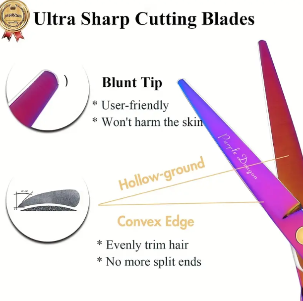 5.5 Inch Purple Hair Cutting Scissors Set With Razor, PU Leather Scissors Case, Barber Hair Cutting Shears Hair Thinning/Texturizing Shears For Professional Hairdresser Or Home Use (Multi-colored)