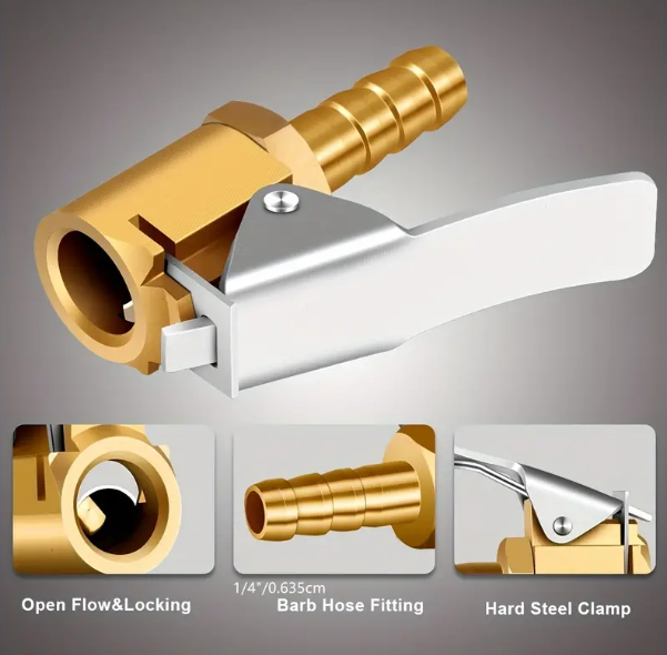 Portable 1/4"" Brass Tire Inflator Lock On Air Chuck with Barb Connector - Easy Hose Repair and Quick Inflation