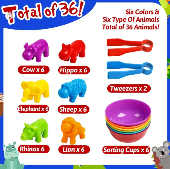 Counting Animals Toys Matching Games With Color Sorting Bowls Preschool Learning Activities For Math Montessori STEM Educational Sensory Toys For Kids, Christmas Gift, Halloween Gift