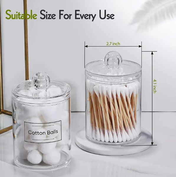 1 Pcs Qtip Holder Dispenser For Ball, Swab, Round Pads, Floss - 10 Oz Clear Plastic Apothecary Jar For Bathroom Canister Storage, Vanity Makeup Organizer