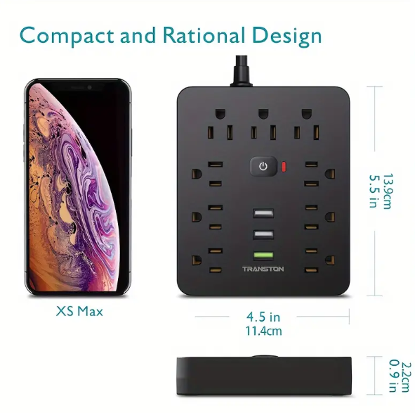 1 set Fireproof Surge Protector Power Strip with 9 Outlets, 3 USB Ports, and 5ft Extension Cord - Wall Mountable Desktop Charging Station for Home and Office Use - Protect Your Devices from Power Surges and Overloads