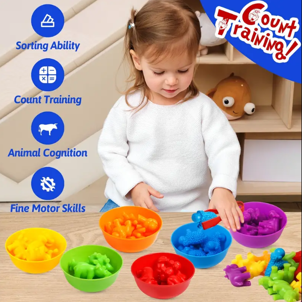 Counting Animals Toys Matching Games With Color Sorting Bowls Preschool Learning Activities For Math Montessori STEM Educational Sensory Toys For Kids, Christmas Gift, Halloween Gift