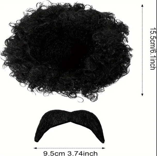 1 Set Retro 70s Punk Hippie Rapper Costume Accessories, Black Short Afro Wig & Round Blue Sunglasses & Black Mustache & Peace Sign Necklace, Halloween Carnival Birthday Cosplay Photo Props, LARP Party Funny Supplies, Stage Performance Accessories