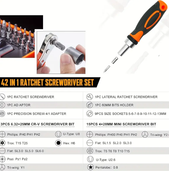 1 Set Ratcheting Screwdriver Set 42 In 1 Ratchet Wrench Set, With Rotatable Ratchet Handles Storage Case, Household Repair Tool Kits For Bike