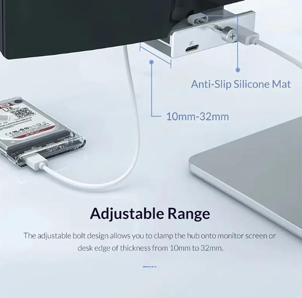 High-Speed 4-Port USB 3.0 Hub with Power Supply for Laptop - Multi-Splitter with Clip-Type Adapter for Fast Data Transmission