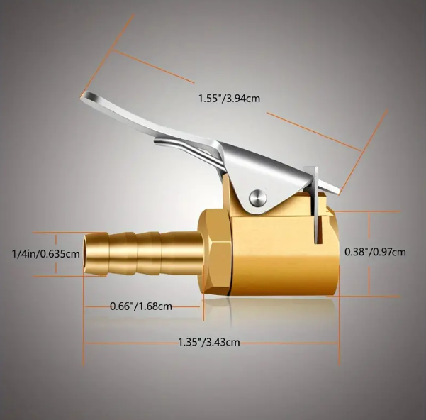 Portable 1/4"" Brass Tire Inflator Lock On Air Chuck with Barb Connector - Easy Hose Repair and Quick Inflation