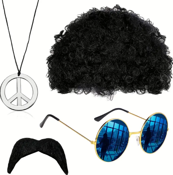 1 Set Retro 70s Punk Hippie Rapper Costume Accessories, Black Short Afro Wig & Round Blue Sunglasses & Black Mustache & Peace Sign Necklace, Halloween Carnival Birthday Cosplay Photo Props, LARP Party Funny Supplies, Stage Performance Accessories