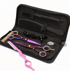 5.5 Inch Purple Hair Cutting Scissors Set With Razor, PU Leather Scissors Case, Barber Hair Cutting Shears Hair Thinning/Texturizing Shears For Professional Hairdresser Or Home Use (Multi-colored)