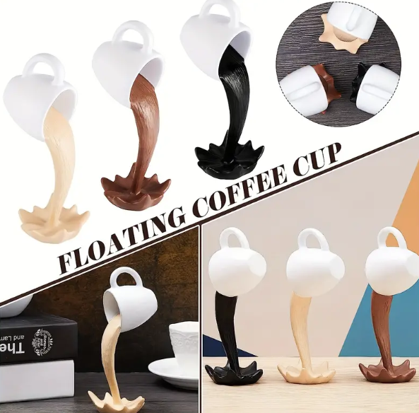 1 Pc, Floating Coffee Cup, Hanging Coffee Cup Holder Mug Resin 3D Stereo Table Decor Crafts, Spilled Coffee Cup Sculpture Plastic Poured Coffee Cup Poured Splash Coffee Cup Home Kitchen Decor,room Decor