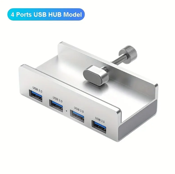 High-Speed 4-Port USB 3.0 Hub with Power Supply for Laptop - Multi-Splitter with Clip-Type Adapter for Fast Data Transmission