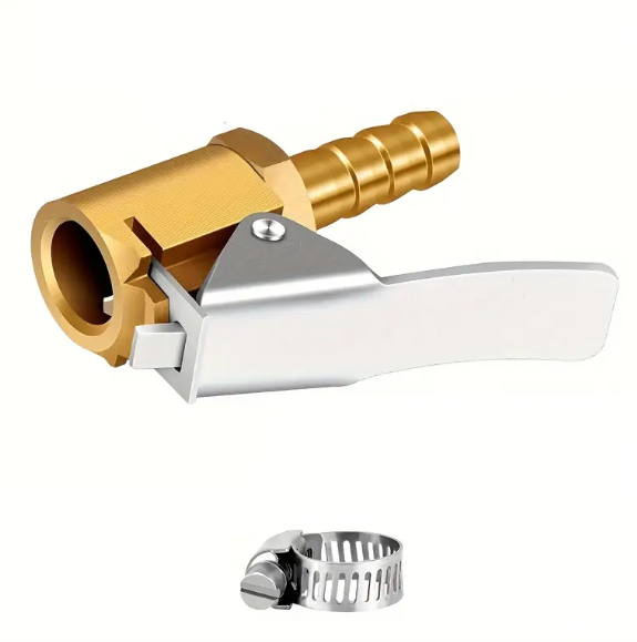 Portable 1/4"" Brass Tire Inflator Lock On Air Chuck with Barb Connector - Easy Hose Repair and Quick Inflation