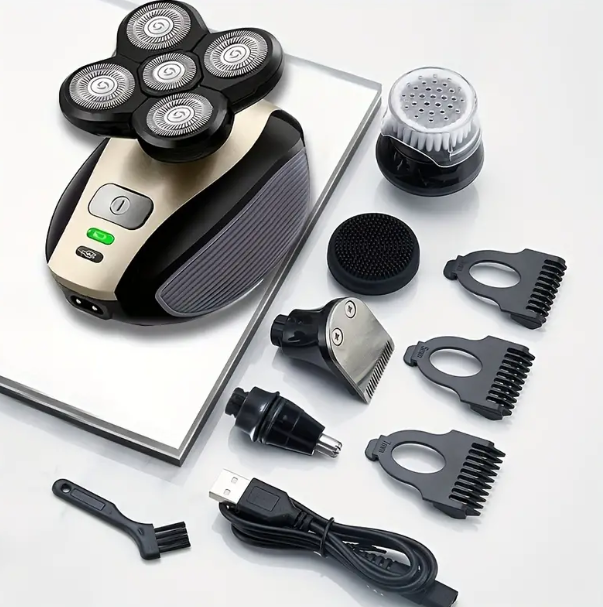 Cordless Rechargeable Electric Hair Shaver - Wet/Dry Skull & Bald Head Razor With Rotary Blades, Clippers, Nose Trimmer, Brush & Massager