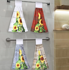 1/2pcs Sunflowers Pattern Hanging Towel For Wiping Hands, Vintage Farmhouse Decoration Fingertip Towel, Absorbent Soft Towel With Loop For Bathroom, Cleaning Dish Towel, Bathroom Supplies , Hanging Tie Towel For Kitchen Bathroom