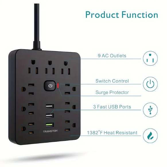 1 set Fireproof Surge Protector Power Strip with 9 Outlets, 3 USB Ports, and 5ft Extension Cord - Wall Mountable Desktop Charging Station for Home and Office Use - Protect Your Devices from Power Surges and Overloads