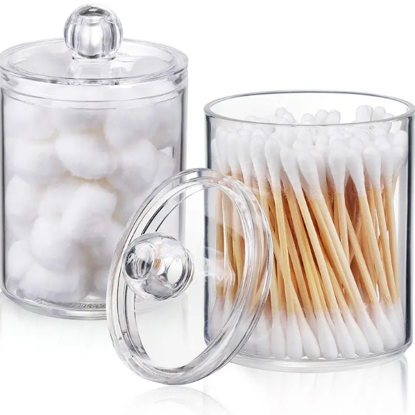 1 Pcs Qtip Holder Dispenser For Ball, Swab, Round Pads, Floss - 10 Oz Clear Plastic Apothecary Jar For Bathroom Canister Storage, Vanity Makeup Organizer